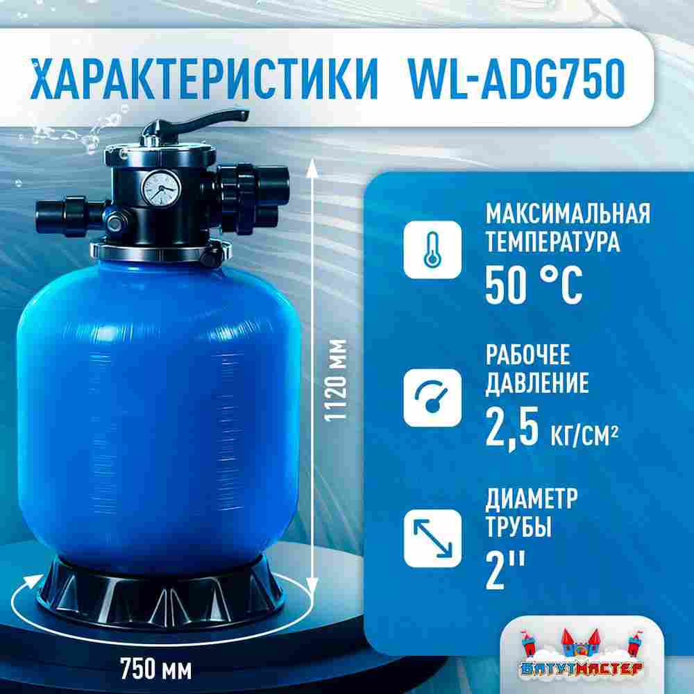 Песочный фильтр WL-ADG750 для бассейна до 176 м³, до 230 кг песка, до 22000 л/ч