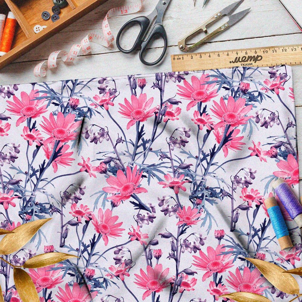 Ткань дюспо розовые ромашки на фиолетовых стеблях