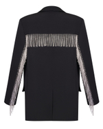 Жакет миди прямой из крепа с бахромой из камней, черный