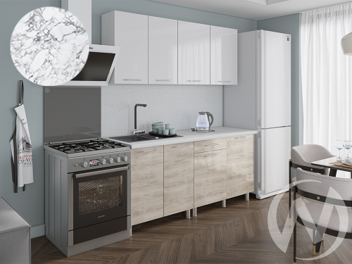 Кухня Нора 1.8м (корпус белый/белый; дуб шале светлый) 38мм мрамор итальянский