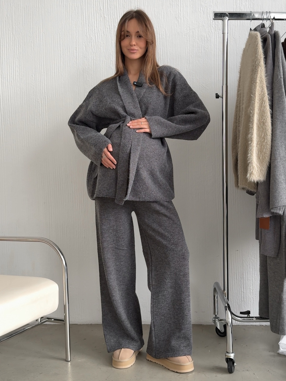 Комплект вязаный, кардиган с поясом и брюки