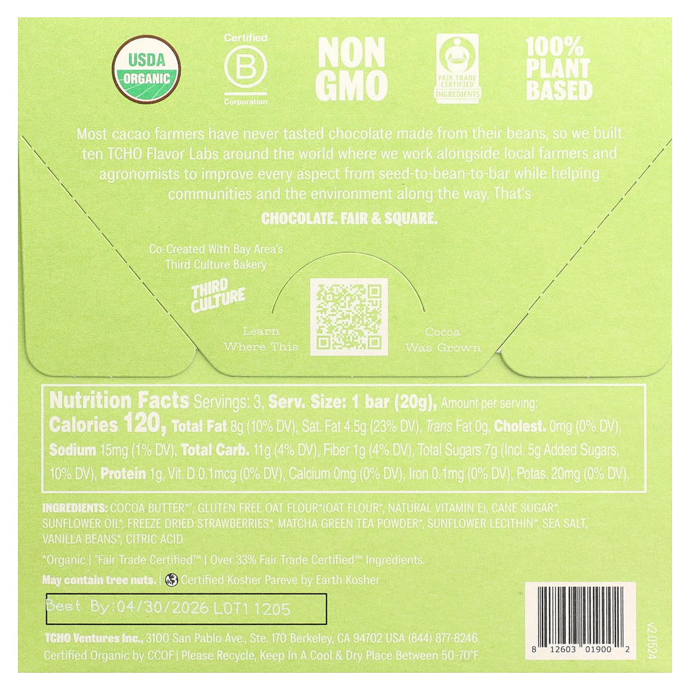 TCHO, Perfect Matcha, белый шоколад с клубничной начинкой, 3 плитки по 0,70 унции