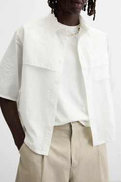 ZARA РУБАШКА ИЗ ЖАТОЙ ТКАНИ, ЖЕЛТОВАТО-БЕЛЫЙ