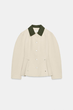 ZARA КУРТКА С КОНТРАСТНЫМ ВОРОТНИКОМ И БАСКОЙ, КОСТЯНОЙ