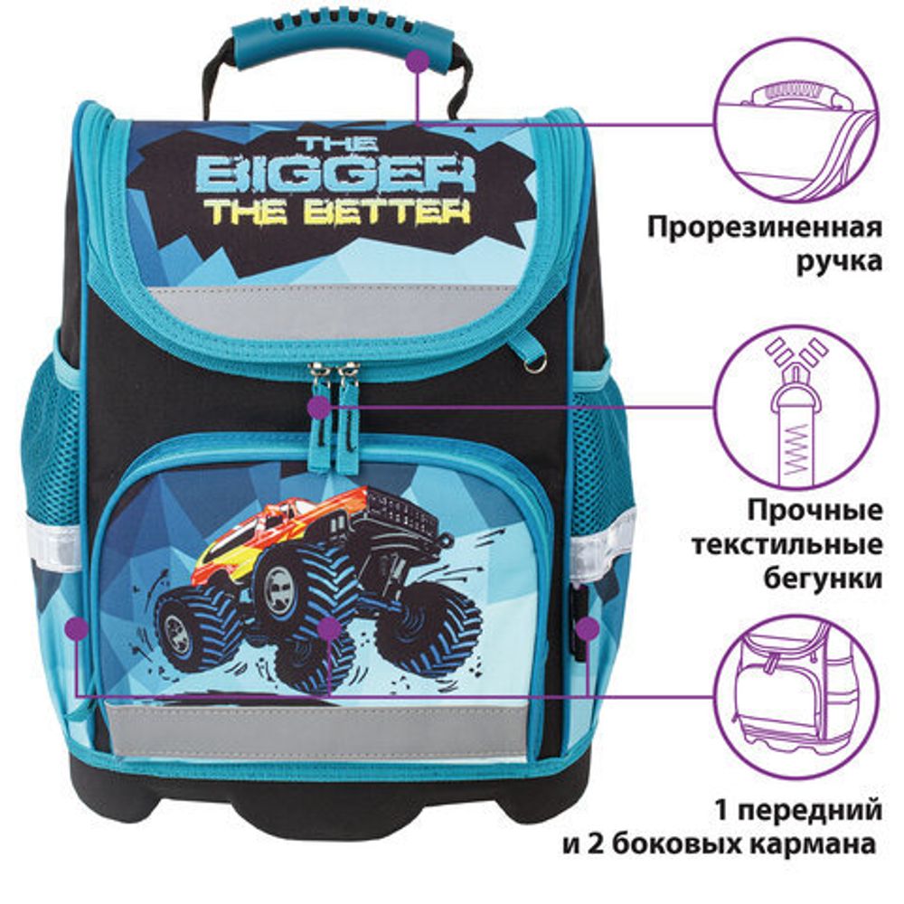 Ранец ЮНЛАНДИЯ WISE для начальной школы, "Monster-truck", 37х29х15 см, 229948
