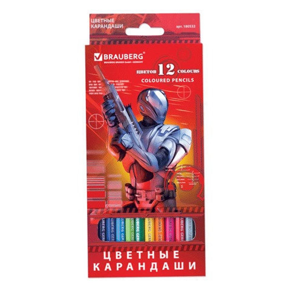 Карандаши цветные BRAUBERG "Star Patrol", 12 цв., заточенные, картонная упаковка, 180532