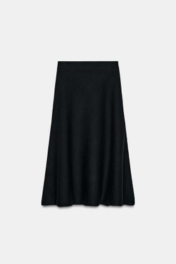 ZARA ТРИКОТАЖНАЯ РАСКЛЕШЕННАЯ ЮБКА МИДИ, ЧЕРНЫЙ