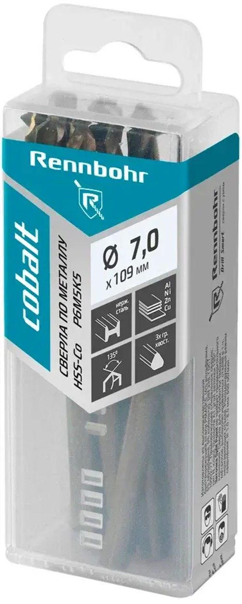 Сверло по металлу, 3х гр. хвост, 7,0х109мм, HSS-Co, Р6М5К5, 10шт/уп RENNBOHR COBALT PROM