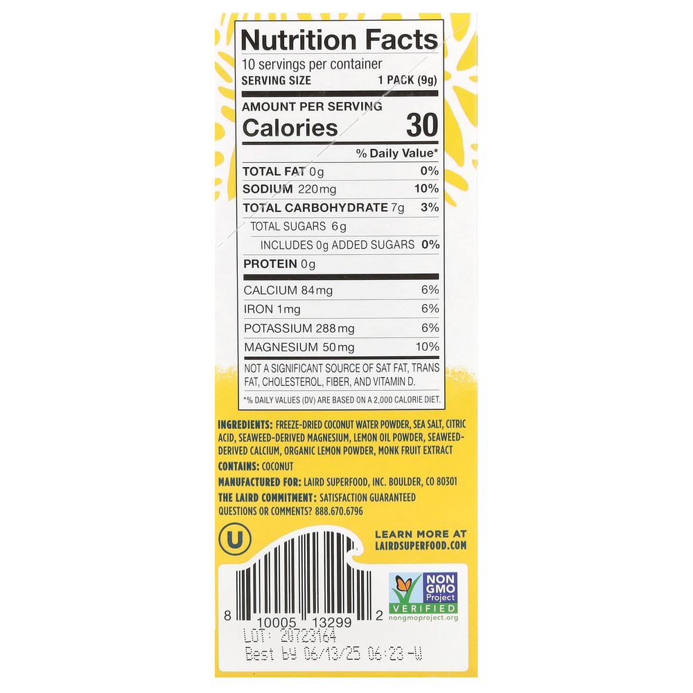 Laird Superfood, Hydrate Coconut Water, смесь для приготовления электролитов, лимон, 10 пакетиков по 9 г (0,3 унции)