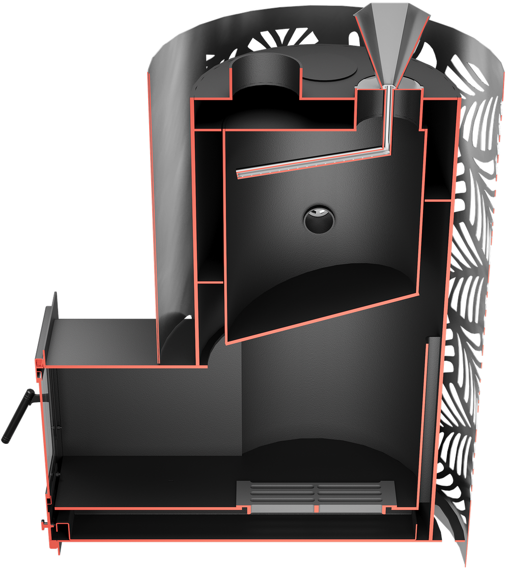 Печь банная Любава-24 с двумя каменками и выносной топкой. В разрезе