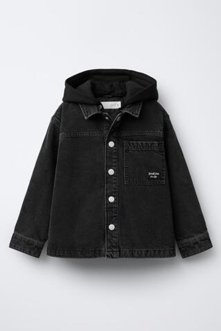 ZARA СТЕГАНАЯ ДЖИНСОВАЯ КУРТКА-РУБАШКА С ОТСТЕГИВАЮЩИМСЯ КАПЮШОНОМ, ЧЕРНЫЙ