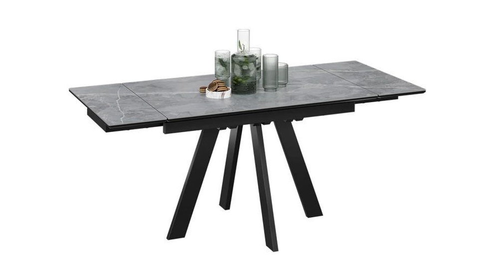 Стол кухонный обеденный раздвижной Черный муар/Керамика матовая серый мрамор 120(180)х80х77 см