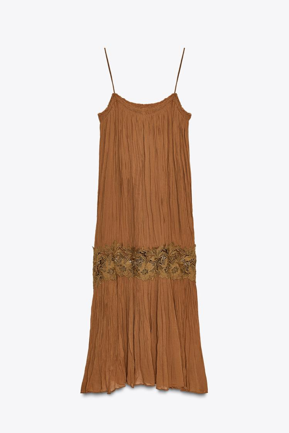 ZARA ЖАТОЕ ПЛАТЬЕ С ВЫШИВКОЙ — ZW COLLECTION, КОРИЧНЕВЫЙ