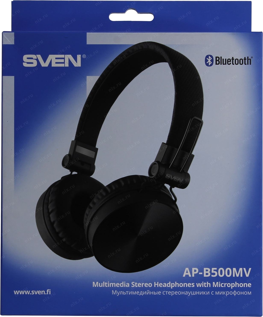 Наушники с микрофоном SVEN AP-B500MV <Black>(Bluetooth, беспроводные +  шнур  0.8м, Li-Ion)