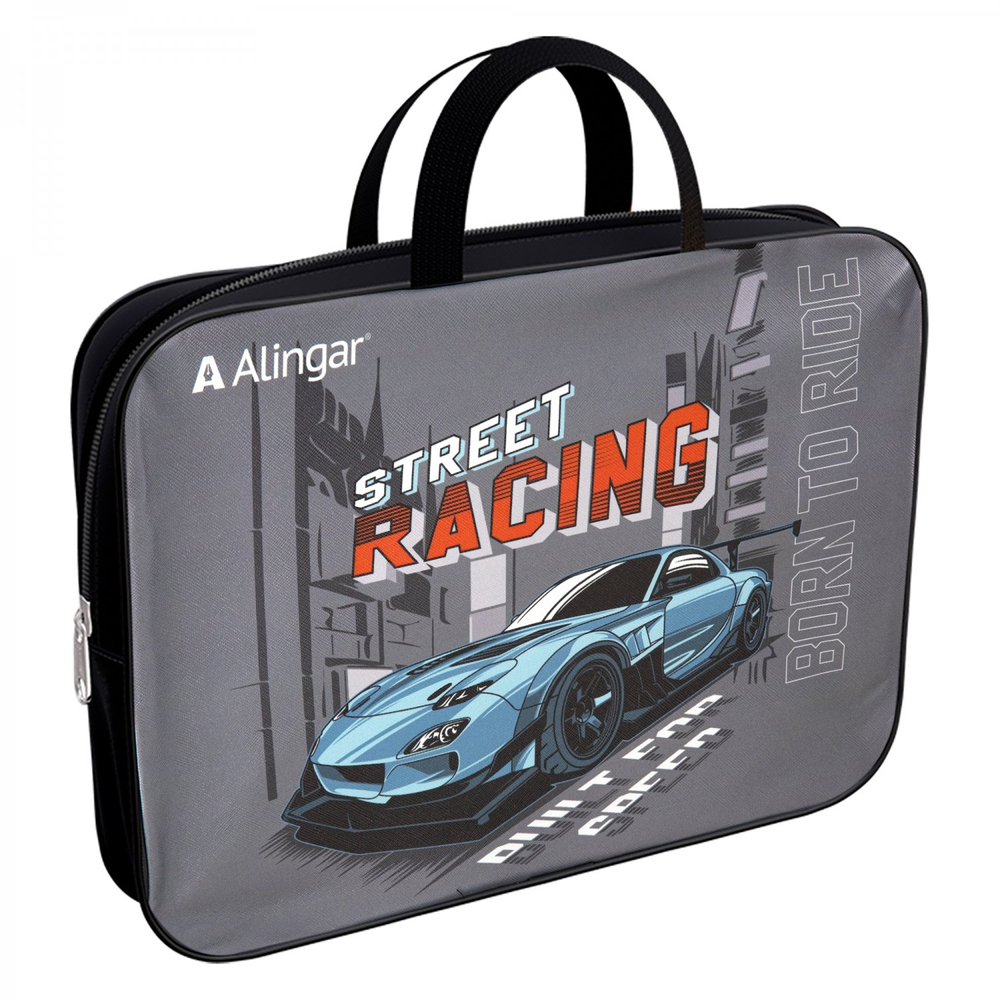 Папка с ручками 1 отделение, А4 260х340х80 мм, Alingar, ПВХ, ручки тесьма, дизайн с одной стороны, молния сверху, внутр. карман, "Гонки"