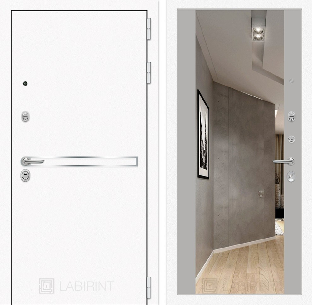 Входная металлическая белая дверь с зеркалом Лабиринт Лайн Вайт (Line White) зеркало Максимум Грей софт (светло-серый, без текстуры)