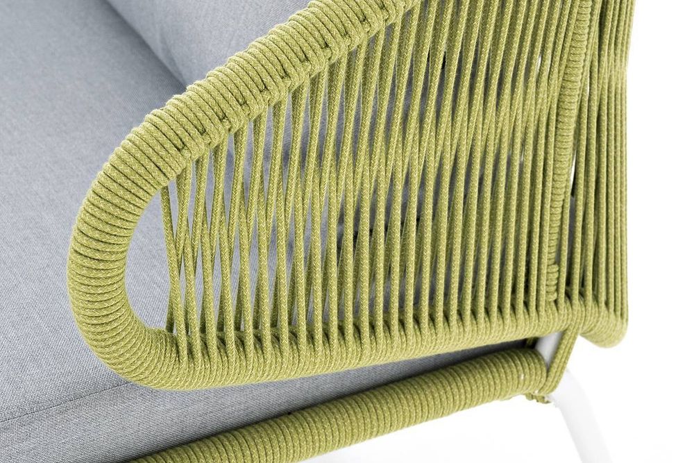 "Милан" диван 2-местный плетеный из роупа, каркас алюминий светло-серый (RAL7035) шагрень, роуп салатовый меланж круглый, ткань светло-серая