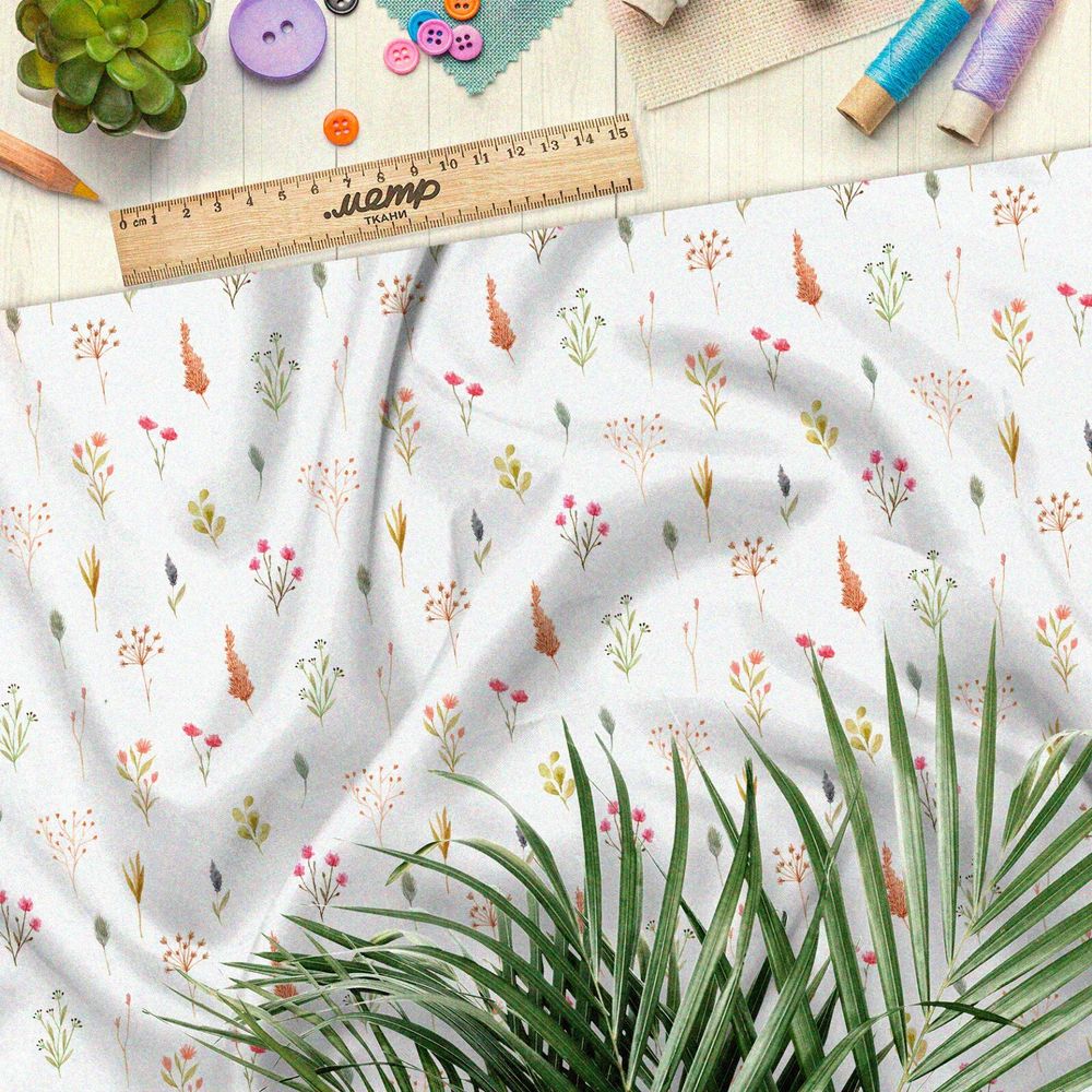 Ткань флис мелкие карандашные цветы на поле