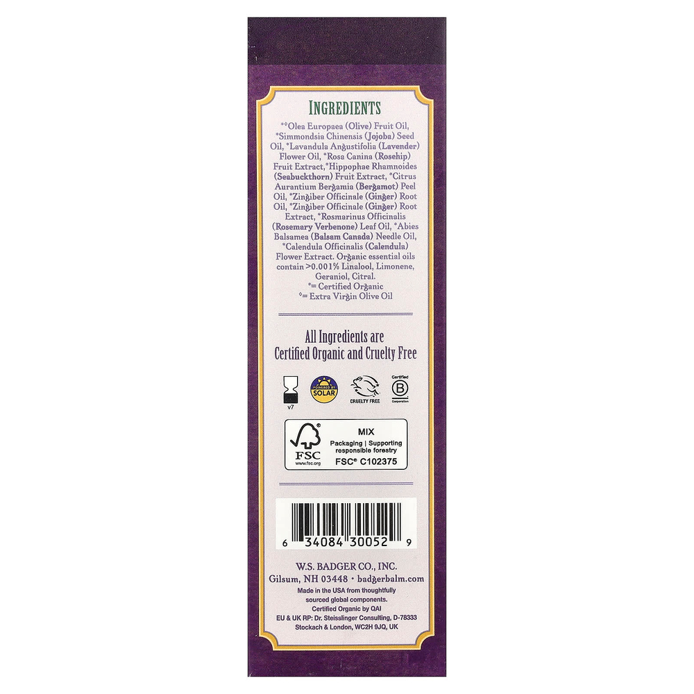 Badger, Массажное масло для ароматерапии, лаванда с бергамотом и бальзамом пихты, 4 жидких унции (118 мл)