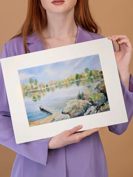 Картина авторская акварельная в паспарту 30х40 см на стену для интерьера "Карелия"