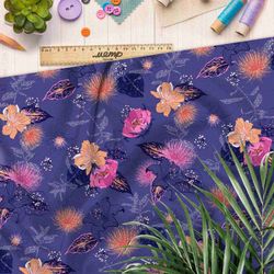 Ткань бифлекс розовые цветы на синем