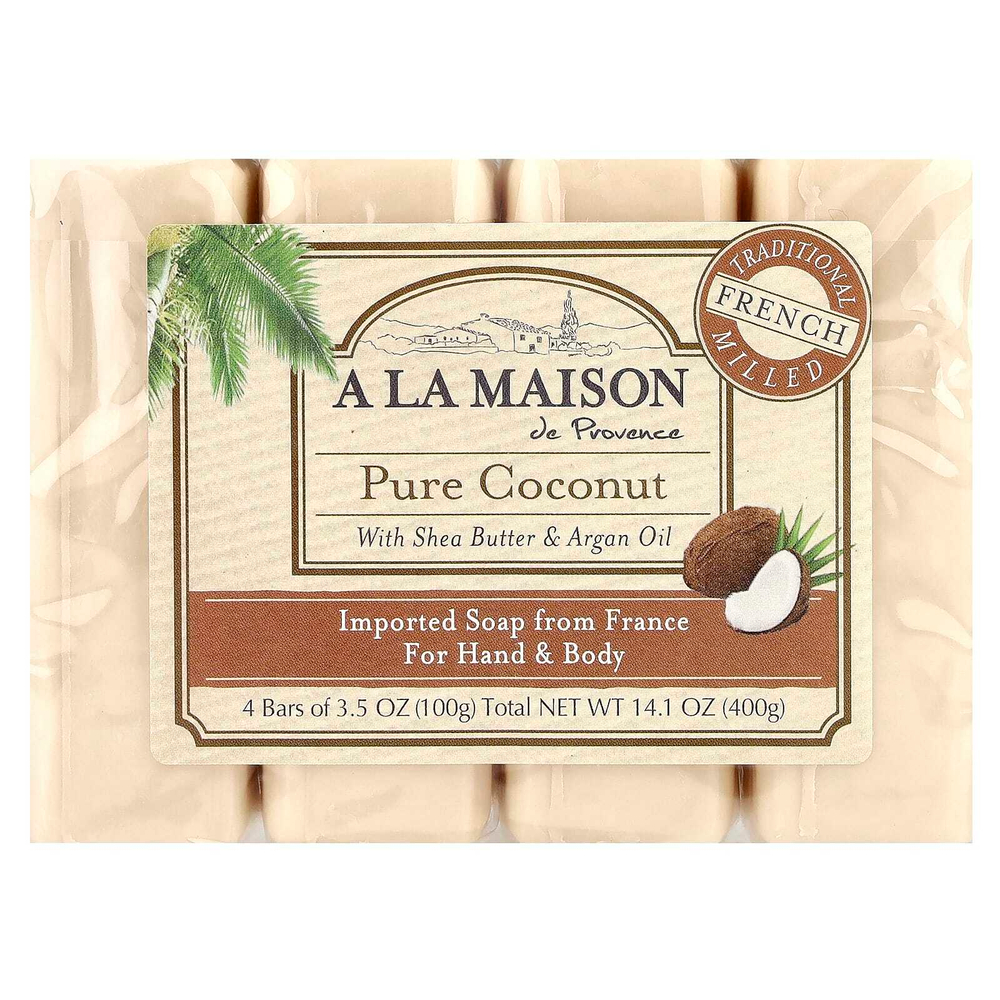 A La Maison de Provence, Мыло для рук & тела, Чистый кокос, 4 бруска по 3.5 унции