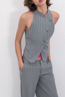 ZARA ЖИЛЕТ В ПОЛОСКУ С ЗАПАХОМ, СЕРО-СИНИЙ