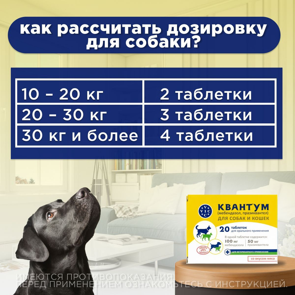 Таблетки от гельминтов для собак и кошек со вкусом мяса Квантум (VIC), 20 таб. Мебендазол/Празиквантел