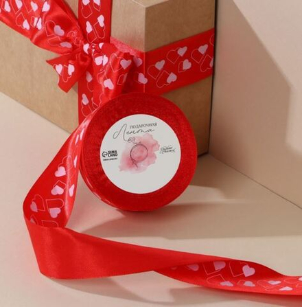 Лента атласная «Сердечки», красная, 4 см, 7841890