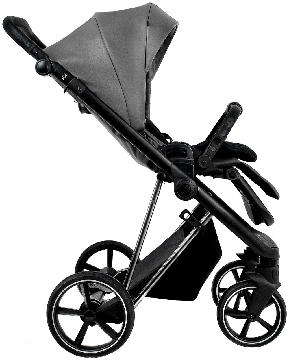 Детская коляска Roan Sol Vintage Luxury Leather 2.0 3 в 1 с автокреслом Tutis Elo Lux EduSky Black VEGA88DB Glacier Gray/Nickel/руч.Black