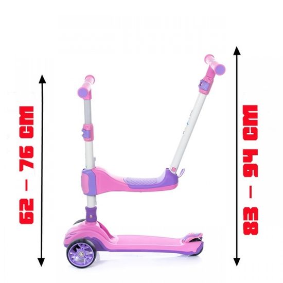 Самокат-беговел 3 в 1 Scooter Micar Transformer складной со светящимися колесами, сиденьем и родительской ручкой розовый