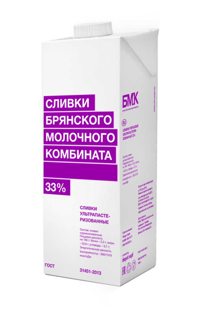 Сливки ультра пастеризованные, массовая доля жира 33 %, БМК, 1 л