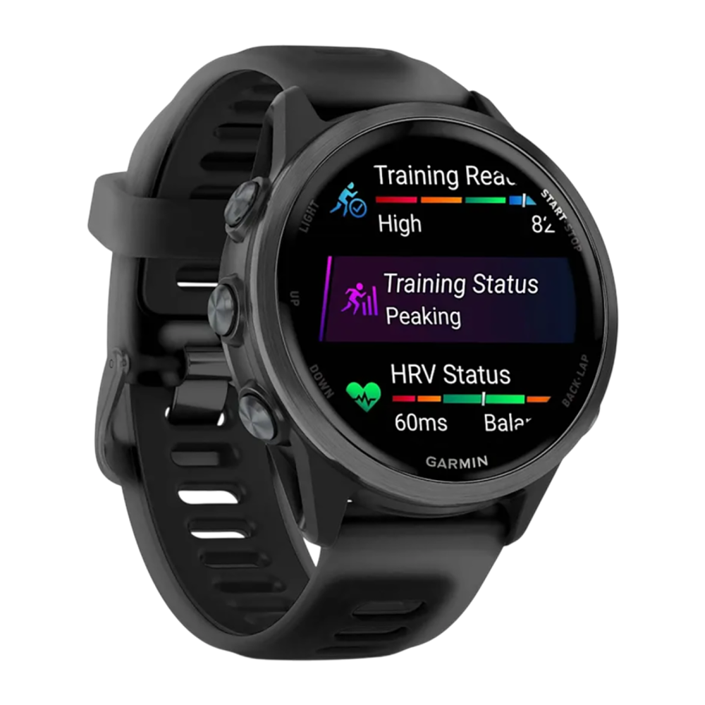 Спортивные часы Garmin Forerunner 570, 42 мм, силиконовый ремешок цвета «полупрозрачный чёрный»/чёрный Сланцево-серый алюминиевый безель, AMOLED-дисплей с Gorilla Glass 3. Ремешок с классической застёжкой — на запястье обхватом 115–178 мм