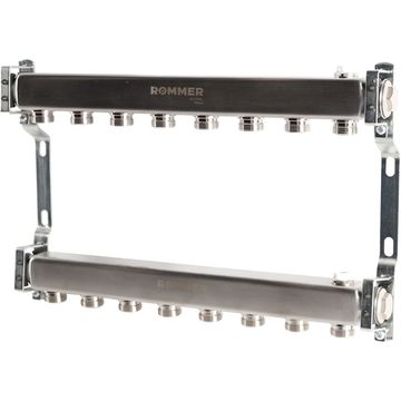 Коллектор Rommer 1"x3/4" на 8 контуров для радиаторной разводки (нерж. сталь) RMS-4401-000008