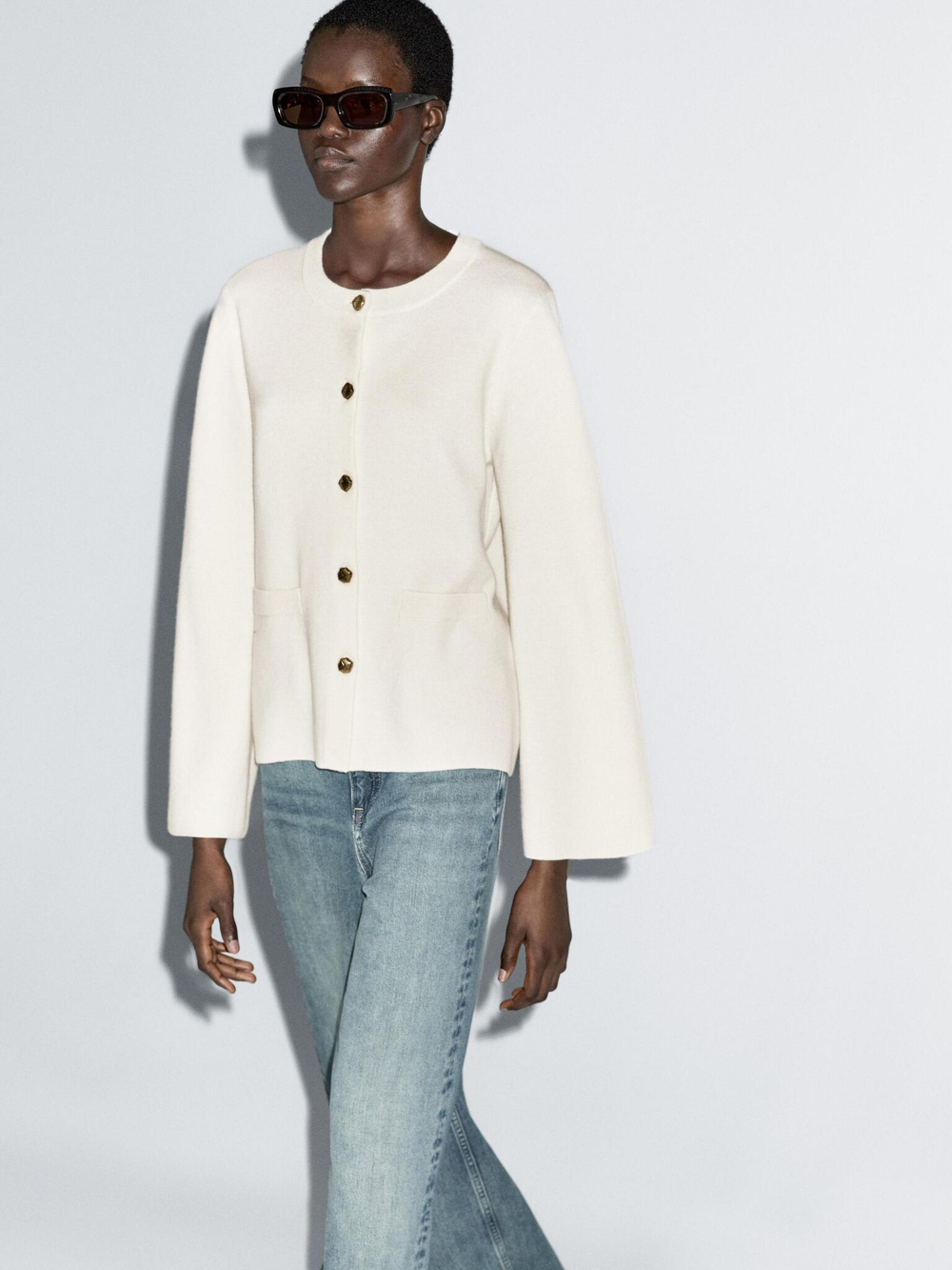 Massimo Dutti Кардиган из 100% шерсти, натуральный/кремовый