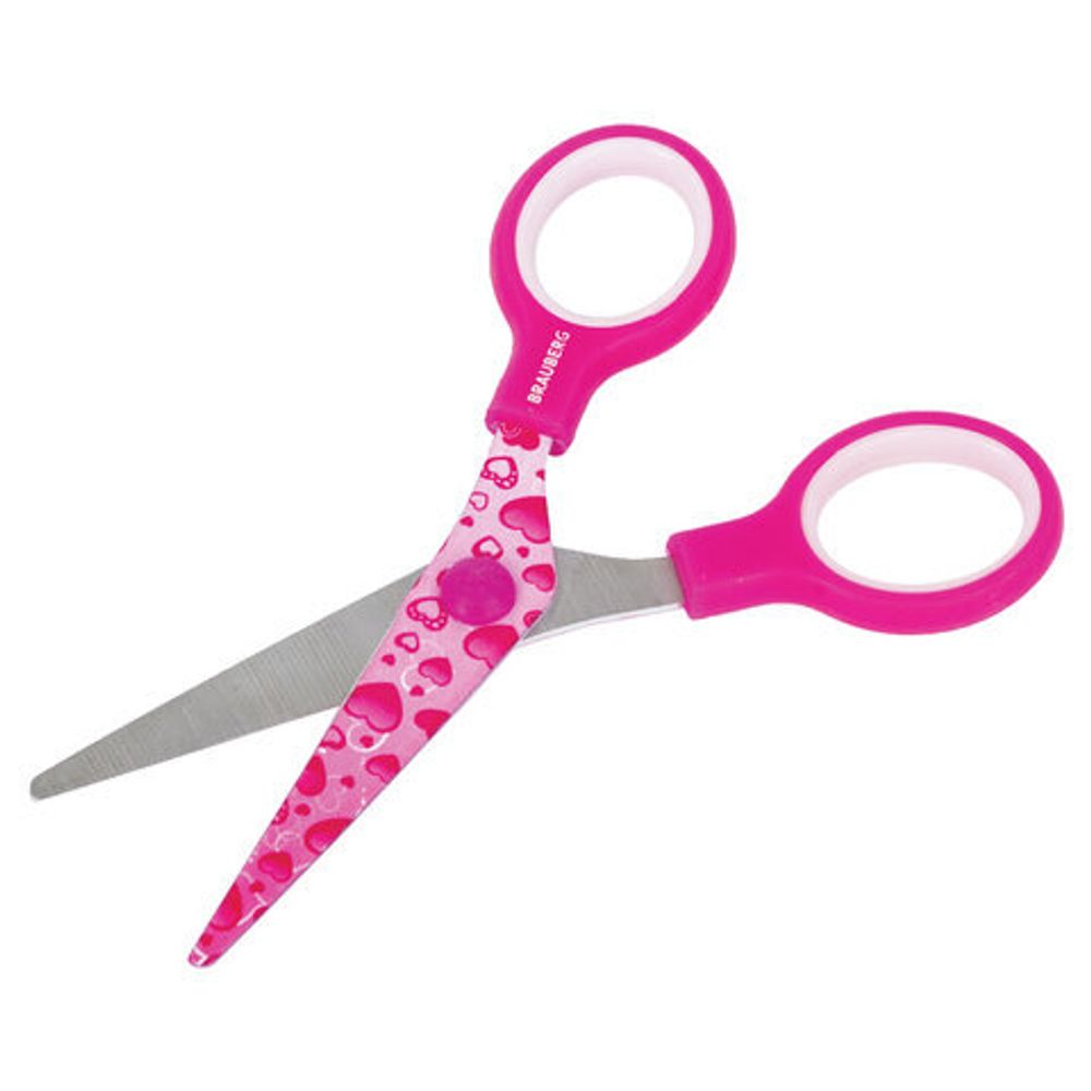 Ножницы BRAUBERG "Kid Series", 130 мм, малиновые, с цветной печатью "Сердечки", закругленные, 232275