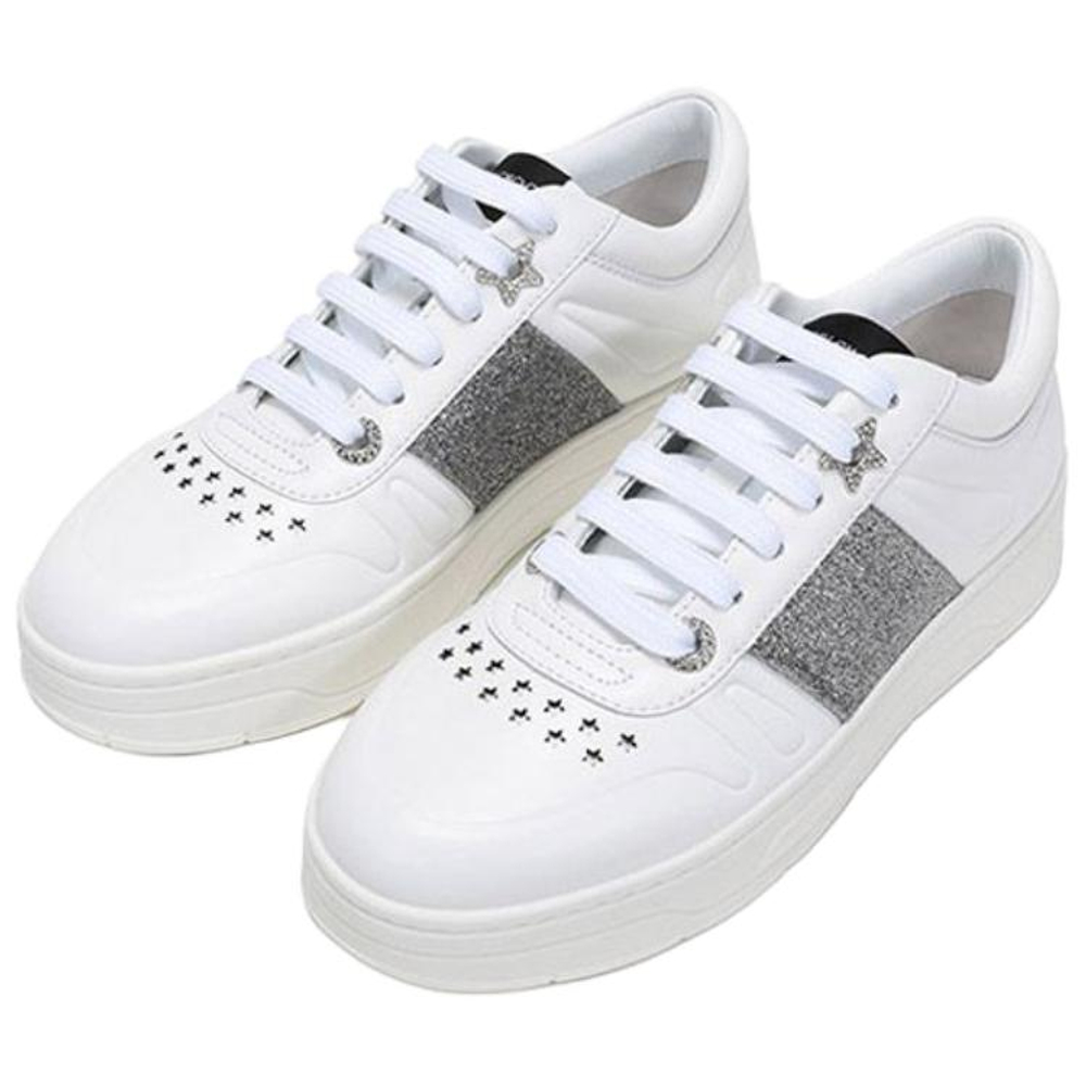 Jimmy Choo Hawaii Top Grain Cow Leather Low top Stylish Skateboarding Shoes Women"s White Silver