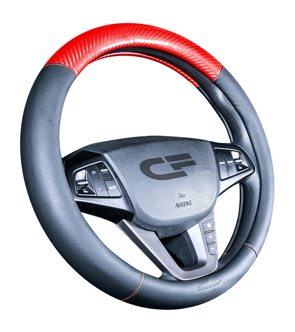 Оплетка на руль круглая CarFashion -М- «CARBON CF» 31458 - Экокожа - черный/красный