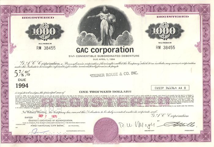 Акция Gac Corporation 1971-1974 США