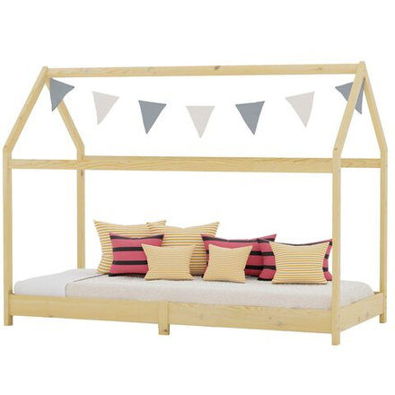 Кровать домик односпальная 90х190 Кози из массива сосны с настилом для детской комнаты, без отделки