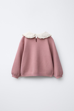 ZARA ВЯЗАНЫЙ СВИТЕР С ВОРОТНИКОМ-БАНТОМ И ЦВЕТАМИ, МЯГКИЙ РОЗОВЫЙ