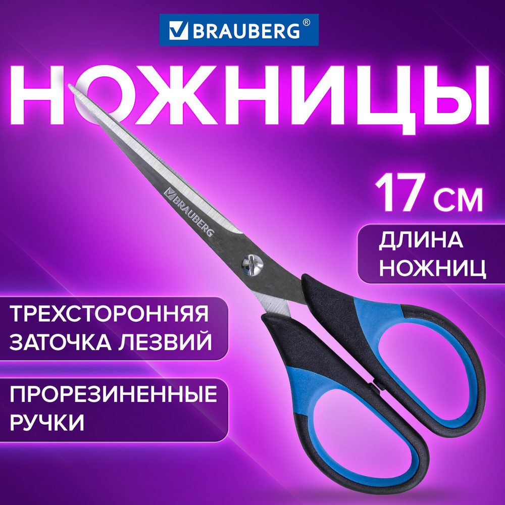 Ножницы BRAUBERG "Office-Expert" 170 мм сине-черные резиновые вставки 3-х сторонняя заточка (5 штук в упаковке)