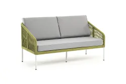 "Канны" диван 2-местный плетеный из роупа, каркас алюминий светло-серый (RAL7035) муар, роуп салатовый меланж круглый, ткань светло-серая