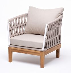 "Диего" кресло плетеное из роупа, основание дуб, каркас алюминий белый муар, роуп бежевый круглый, ткань бежевая 035