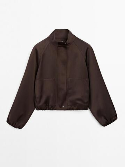 Massimo Dutti Куртка-бомбер из атласа со сборкой, бургундский
