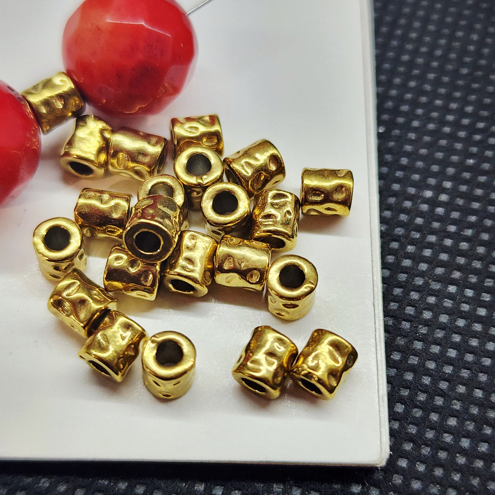 Бусины мятые, трубочки, цилиндры, сталь, 2я позолота, 4мм