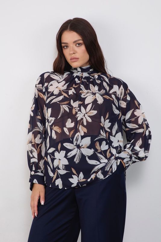 Блузка из шифона, цветочный принт, синий