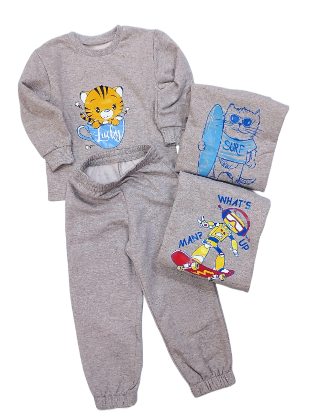 1014 Пижама детская футер 2-х нитка начес серый меланж (72-140)