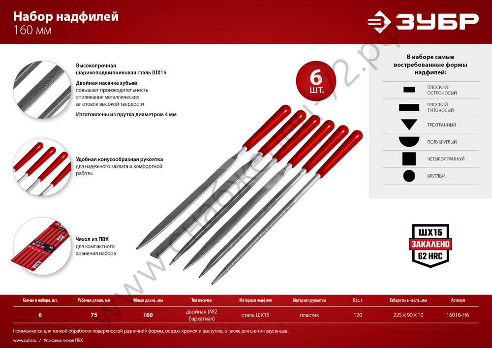 ЗУБР Мастер набор надфилей 6 шт 160 мм, в чехле, с ручками