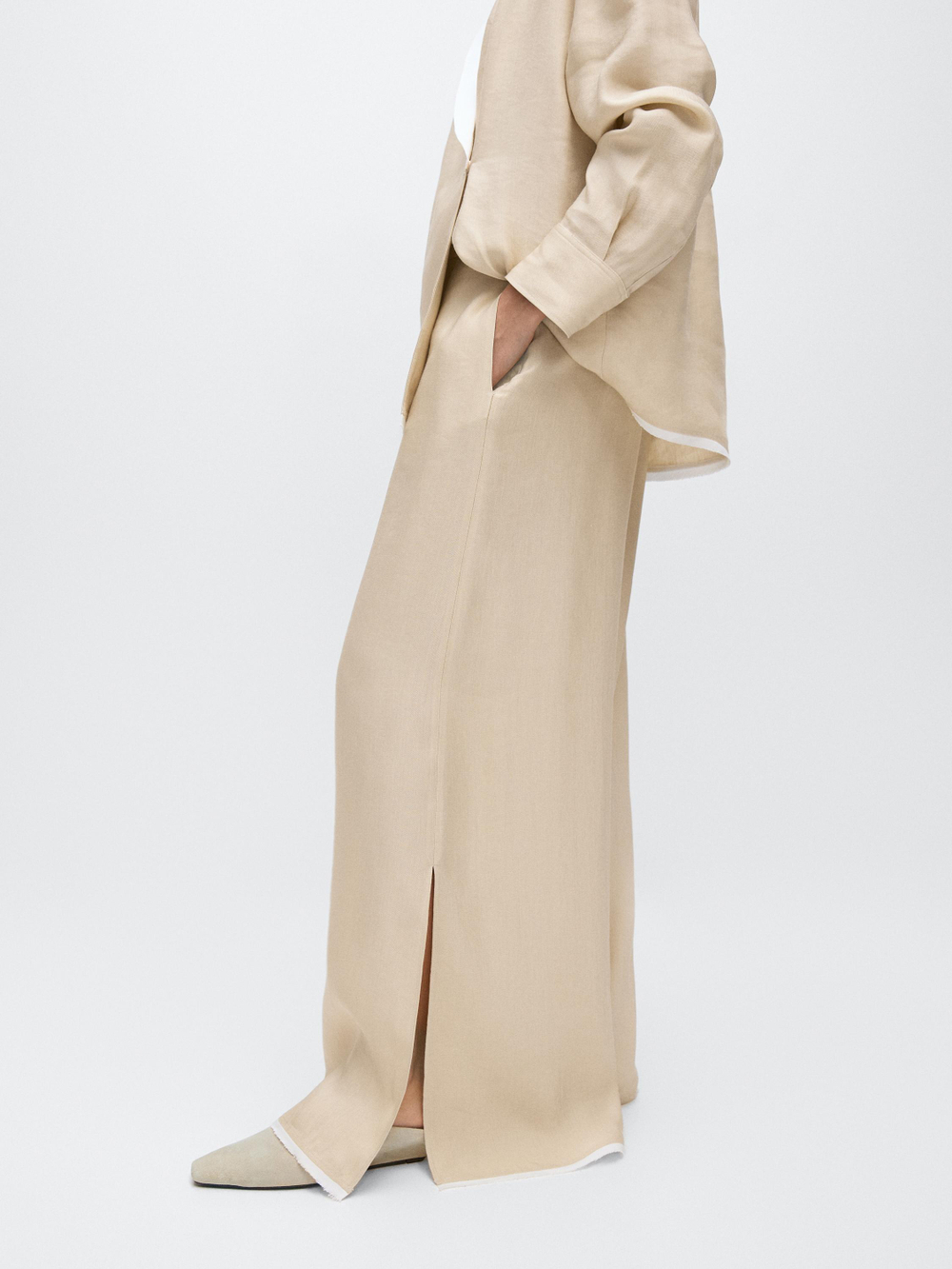 Massimo Dutti Брюки прямого кроя из контрастной льняной смеси, бежевый